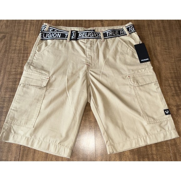 True Religion Belted Cargo Shorts Tan Men's Size 36 Logo Waistband